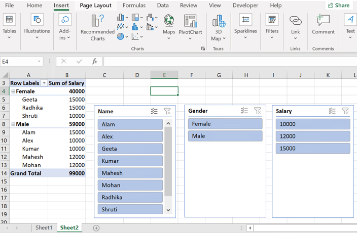 Excel PivotTable filtered with name, gender and salary slicers